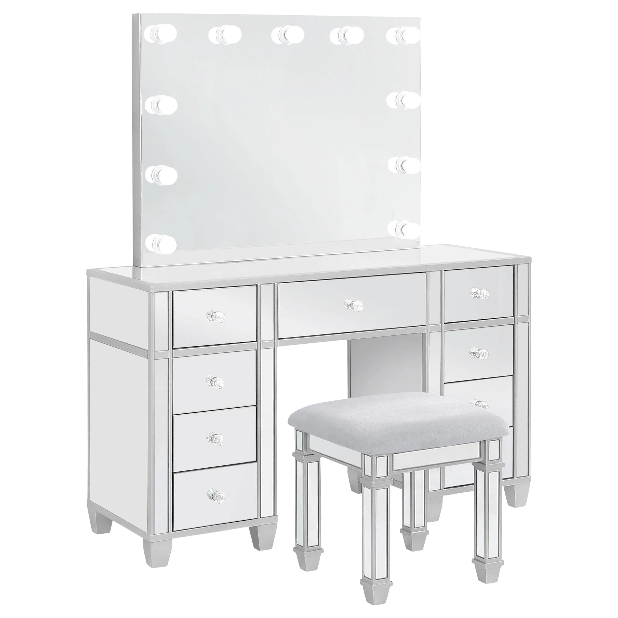 Coaster Furniture Allora 930242 9-Drawer Mirrored Storage Vanity Set with Hollywood Lighting - Metallic