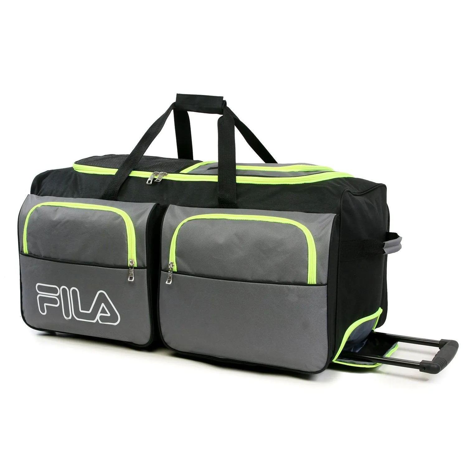 Fila 7-Pocket Large Rolling Duffel Bag, Grey/Neon Lime, One Size