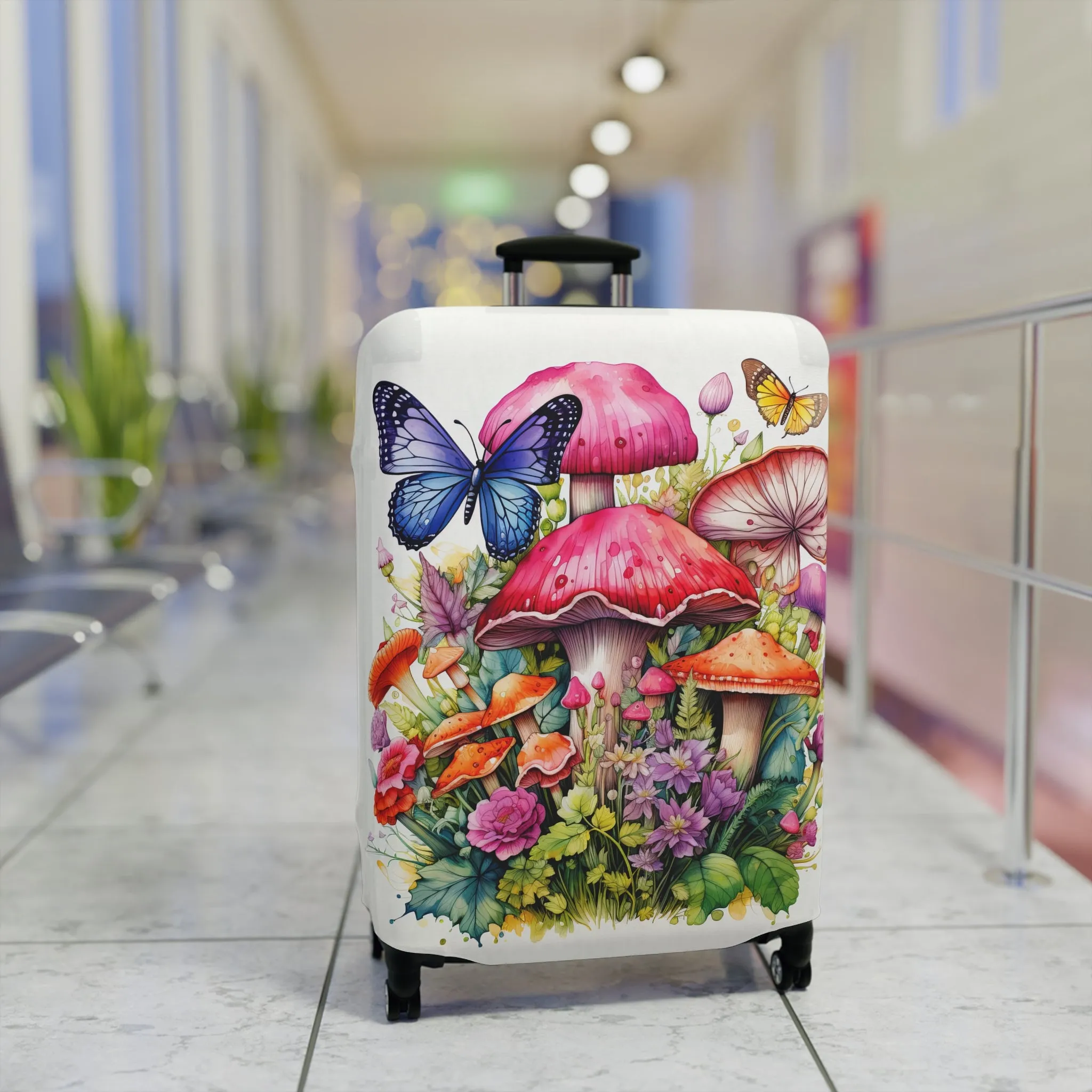 Magical Mushroom Oasis Where Flowers Bloom Amongst Butterflies  - Luggage Protector and Cover 3 Sizes