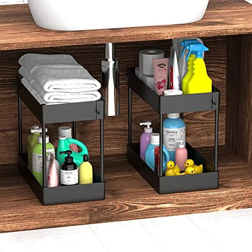 Under Sink Organizer, Under Bathroom Sink Storage 2 Tier Organizer Bath Collection Baskets with Hooks, Black Under Sink Shelf Organizer Rack, Multi-purpose Under Sink Storage for Bathroom Kitchen