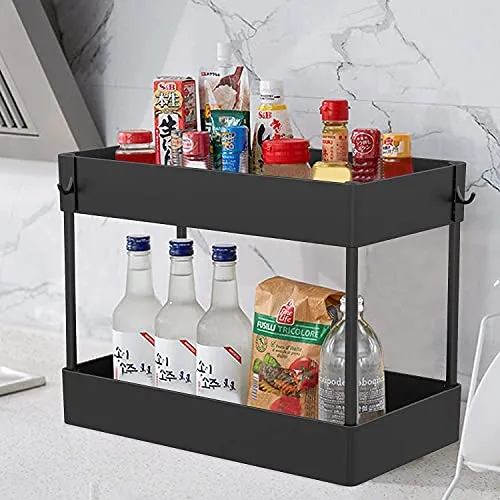 Under Sink Organizer, Under Bathroom Sink Storage 2 Tier Organizer Bath Collection Baskets with Hooks, Black Under Sink Shelf Organizer Rack, Multi-purpose Under Sink Storage for Bathroom Kitchen