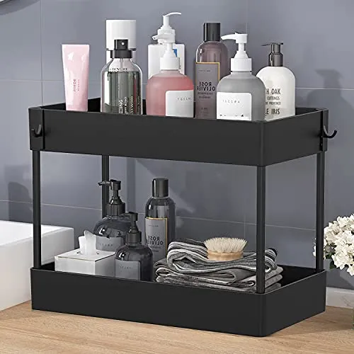 Under Sink Organizer, Under Bathroom Sink Storage 2 Tier Organizer Bath Collection Baskets with Hooks, Black Under Sink Shelf Organizer Rack, Multi-purpose Under Sink Storage for Bathroom Kitchen