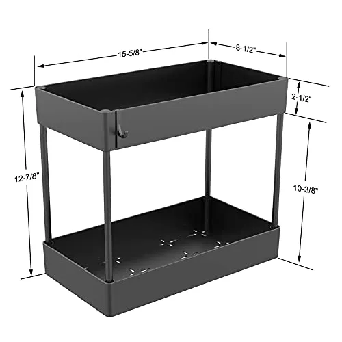 Under Sink Organizer, Under Bathroom Sink Storage 2 Tier Organizer Bath Collection Baskets with Hooks, Black Under Sink Shelf Organizer Rack, Multi-purpose Under Sink Storage for Bathroom Kitchen