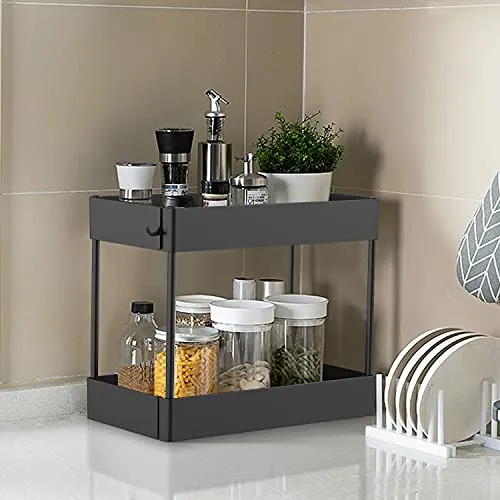 Under Sink Organizer, Under Bathroom Sink Storage 2 Tier Organizer Bath Collection Baskets with Hooks, Black Under Sink Shelf Organizer Rack, Multi-purpose Under Sink Storage for Bathroom Kitchen