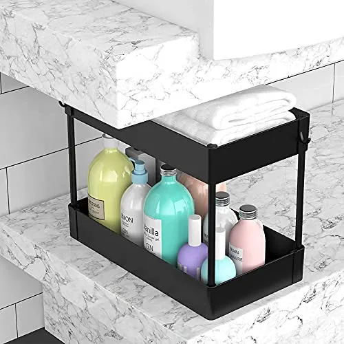 Under Sink Organizer, Under Bathroom Sink Storage 2 Tier Organizer Bath Collection Baskets with Hooks, Black Under Sink Shelf Organizer Rack, Multi-purpose Under Sink Storage for Bathroom Kitchen