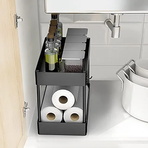 Under Sink Organizer, Under Bathroom Sink Storage 2 Tier Organizer Bath Collection Baskets with Hooks, Black Under Sink Shelf Organizer Rack, Multi-purpose Under Sink Storage for Bathroom Kitchen